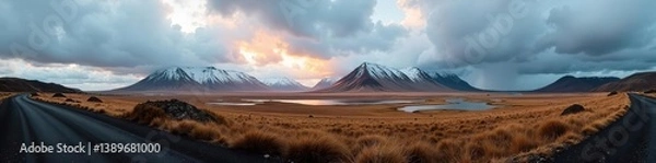 Fototapeta Dramatic landscape of South Iceland with panoramic views, showcasing beautiful nature with color toned filter,  panoramic view,  pristine
