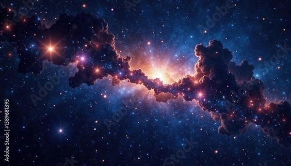 Obraz Dark infinite universe filled with shining stars, galaxies, and constellations Spectacular stellar space featuring stardust nebulae in a mesmerizing 3D render,  nebulae,  universe