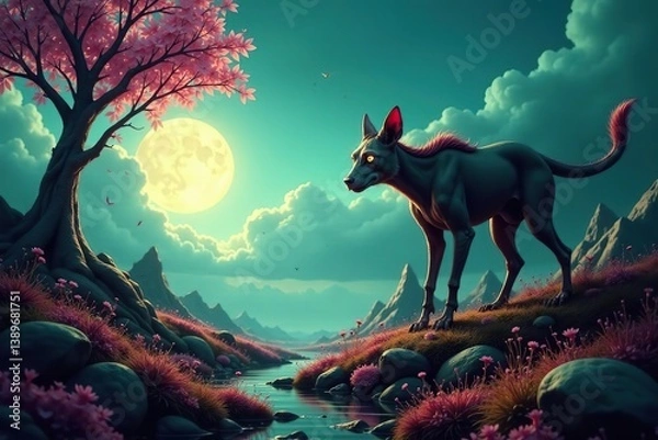 Fototapeta Dreamlike surreal landscape with a mystical creature in a twisted reality, surrounded by surreal still life elements,  dreamlike,  unique