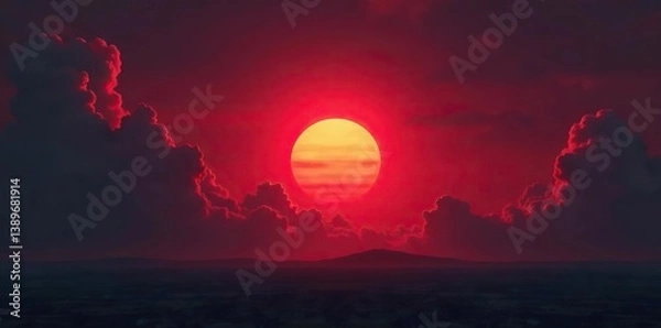 Obraz Dark red sky with dramatic red sunset and thick clouds, perfect for Halloween or apocalyptic designs,  clouds,  red