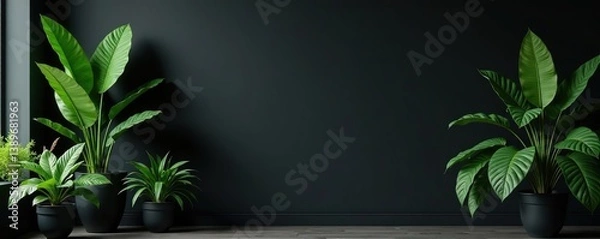 Obraz Dark room setting with various green plants and a minimalist black background wall mockup,  simple,  dark aesthetic