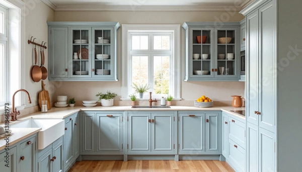 Fototapeta Elegant Scandinavian-style kitchen with pale gray cabinets and warm oak flooring, creating a peaceful and natural cooking environment.