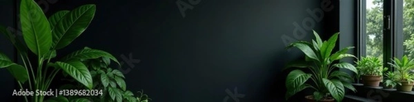 Obraz Dark room with various lush plants placed strategically in front of a sleek black background wall mockup,  plants,  wall mockup