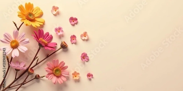 Fototapeta Dried flowers in pastel colors scattered on a light beige background,  elegant,  pattern