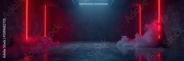 Fototapeta Empty room with dark background, neon red light, concrete floor, and smoke,  background,  red light