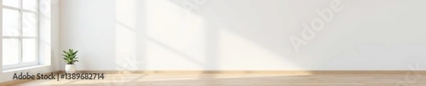Fototapeta Empty room with white wall and wooden floor Clean and modern interior design,  wall,  wood