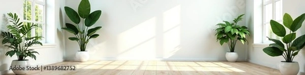 Fototapeta Empty room with white walls and a polished wooden floor, adorned with various lush green plants,  tranquil,  green