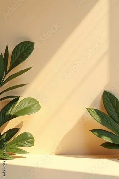 Fototapeta Empty studio space with beige and brown hues, adorned with leaf shadows for product presentations, featuring a seasonal tropical background in 3D rendering,  rendering,  presentations