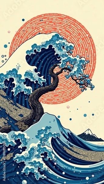 Obraz Geometric wave pattern and bonsai tree vector on Japanese background with line ocean sea, abstract cloud design in oriental style,  oriental style,  abstract