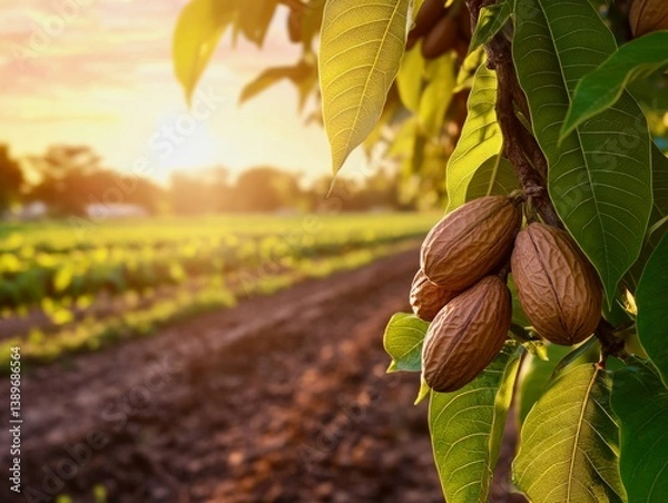Obraz Pecan tree with visible brown nuts ready to harvest, farm field in background, golden hour light