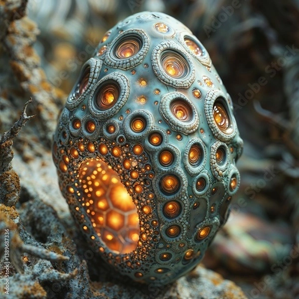 Fototapeta Elaborate Alien Egg with Glowing Orange Patterns in a Sci-Fi Environment