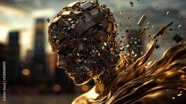 Fototapeta Abstract Cybernetic Portrait of Golden Fragments Forming a Futuristic Human Figure