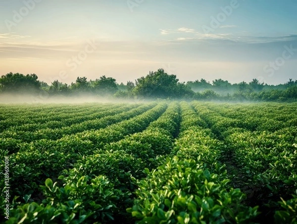 Obraz Walnut orchard in springtime bloom, lush green rows with horizon vanishing into fog