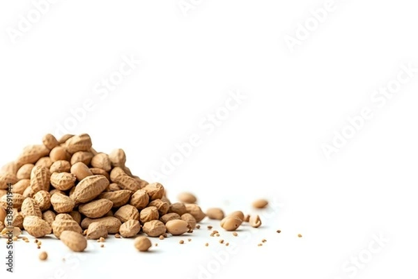 Fototapeta Fresh roasted peanuts in shell scattered on white background, isolated heap of whole nuts with natural texture and warm golden color.