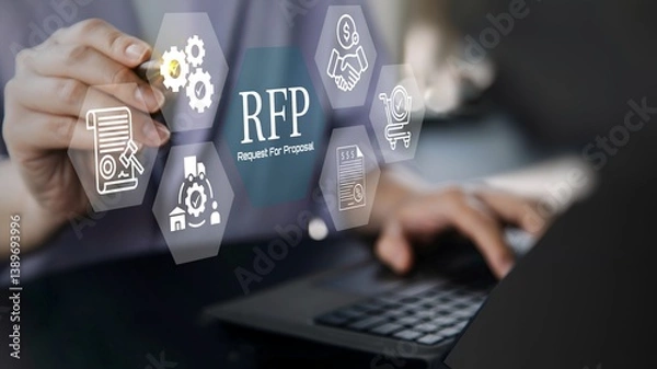 Fototapeta A business person using laptop with RFP, Request for Proposal Business Concept.