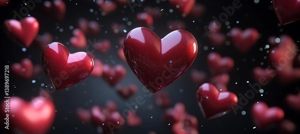Fototapeta Floating red hearts create a romantic feeling on a dark background