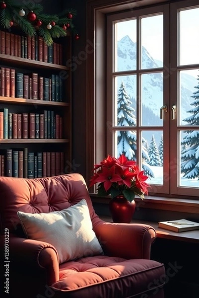 Fototapeta Cozy home library with Christmas bookshelf, snowy mountain view from window, poinsettia flowers,  online webinar,  hills