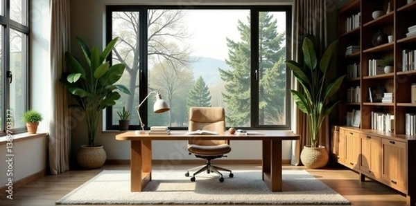 Fototapeta Cozy home office with scenic bookshelf, window views of trees, rustic wood, and virtual meeting backdrop,  rustic wood,  trees