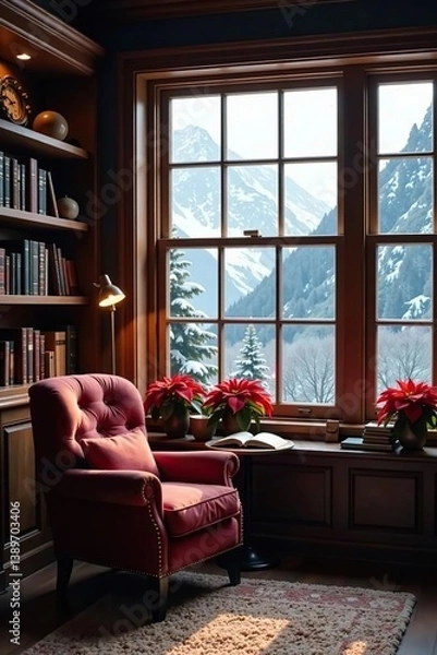 Fototapeta Cozy interior home library study with Christmas bookshelf, snowy mountains view through window, poinsettia holiday flowers,  library,  winter