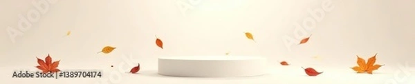 Fototapeta Cream colored podium with autumn leaves falling on white background in studio setting,  serene,  autumn