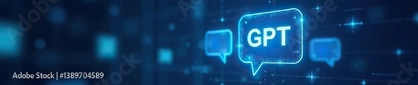 Fototapeta Creative GPT chat hologram with speech bubbles on blurred blue background, showcasing AI technology communication,  hologram,  blue background