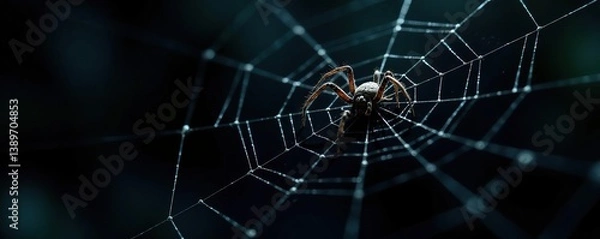 Fototapeta Creepy cobweb with spiders on a black background,  creepy-crawly,  spooky