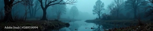 Fototapeta Creepy landscape featuring misty dark swamp with eerie autumn atmosphere,  murky,  tranquil