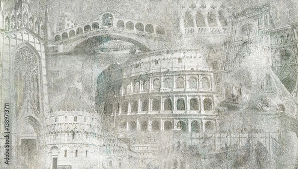 Fototapeta Montage photo of Italy on vintage background.Digital fresco. Fresco, tiles design.The collage for mural