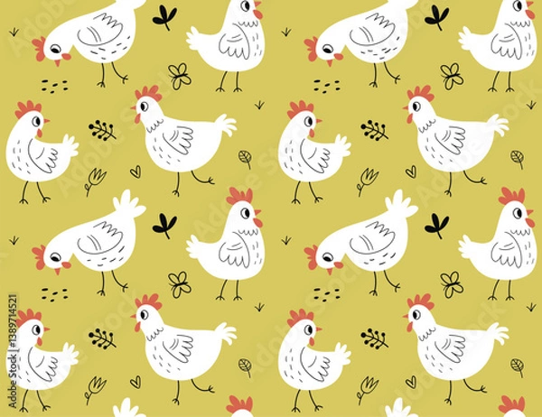 Fototapeta Seamless pattern with hens and roosters