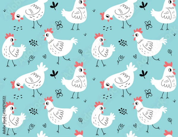 Fototapeta Seamless pattern with hens and roosters