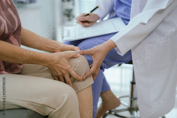Fototapeta A female doctor examines an elderly patient with knee pain due to arthritis. The patient is being assisted in recovery, focusing on pain management and improving mobility.