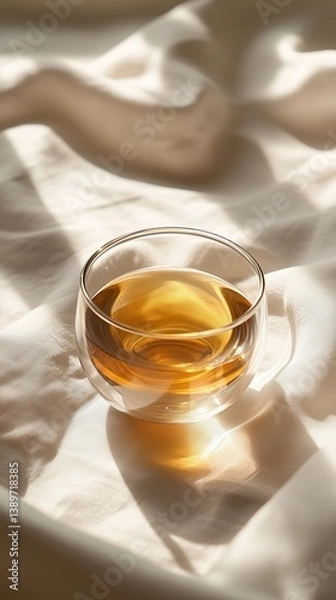 Fototapeta Relaxing Moment With Tea in a Clear Glass Cup on Soft Fabric Under Warm Sunlight