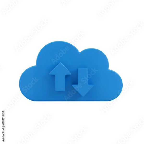 Fototapeta 3D render of a blue cloud icon with upward and downward arrows on isolated white and transparent background, concept for data transfer, cloud storage, and online backup
