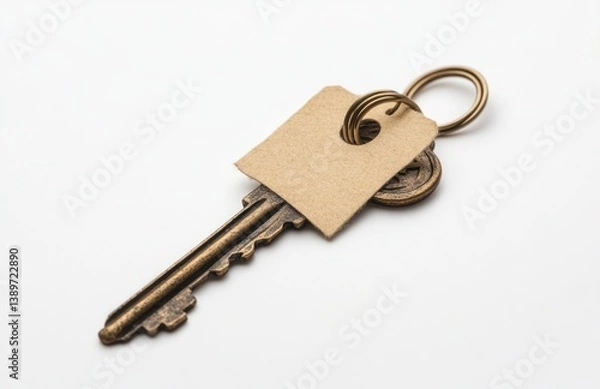 Obraz Antique key with tag on white background, ready for hotel use
