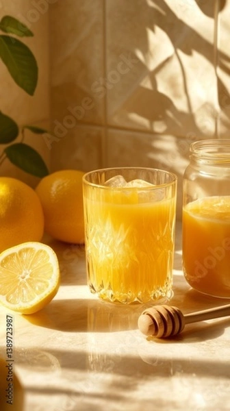 Fototapeta Refreshing Lemon and Ginger Drink With Honey on a Bright Yellow Background
