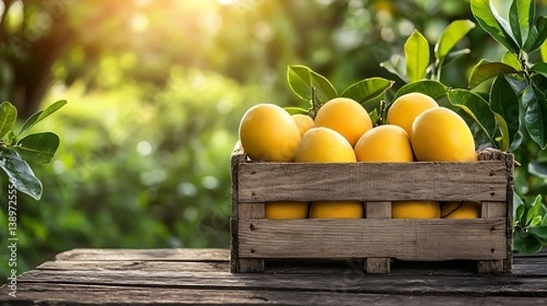 Fototapeta Ripe yellow mangoes in a wooden box on a mango trees background