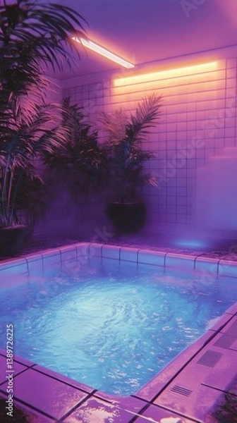 Fototapeta In a tranquil indoor space, a small spa pool glows with soft blue light. Lush green plants surround the area, creating a serene atmosphere perfect for relaxation after a long day