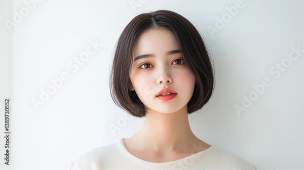 Obraz young Asian woman with short hair and soft features, looking directly at camera with neutral expression.