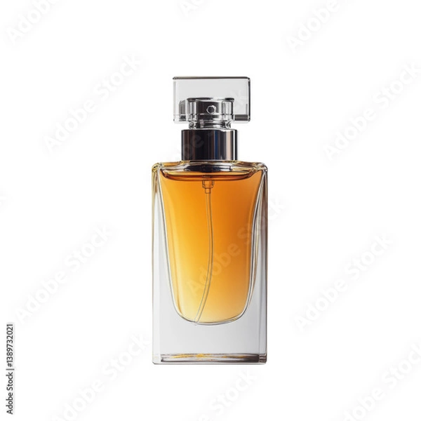 Fototapeta A sleek glass perfume bottle filled with amber liquid, showcasing elegant design and a modern cap.
