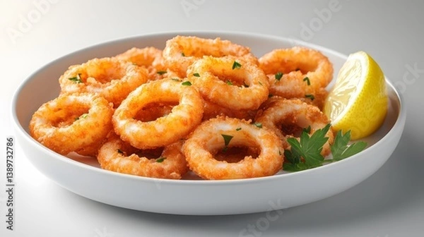 Fototapeta Crispy golden-brown fried calamari rings arranged on white plate with lemon wedge, set against soft-focus light grey tabletop.  