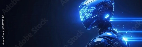 Fototapeta Futuristic Blue Robot Head and Body with Glowing Lights in Dark Background Artificial Intelligence and Technological Advancement in a Digital Cyber Environment
