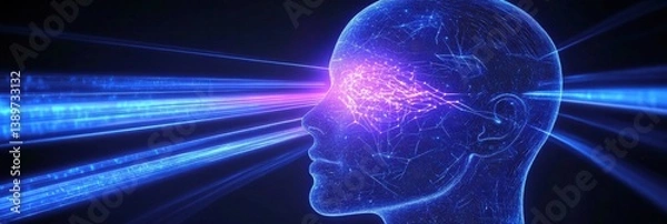 Fototapeta Glowing Head with Blue Light Beams Illustrating Artificial Intelligence and Neural Network Concept on Dark Background