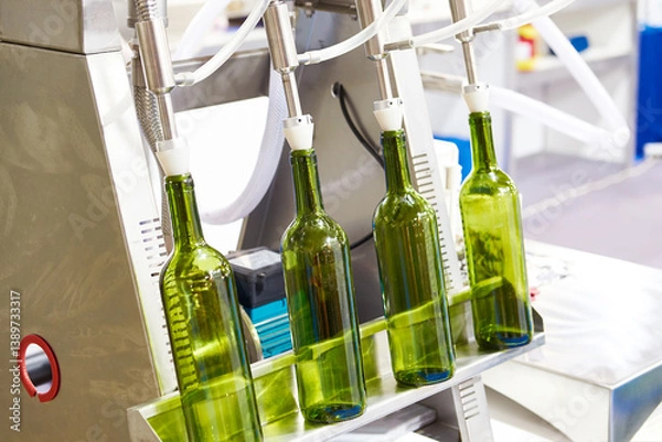 Fototapeta Bottles and gravity filling machine for beverages