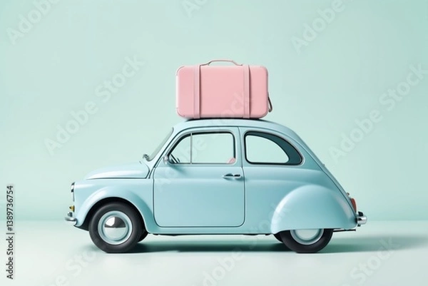 Obraz Verspielte, minimalistische Szene mit pastellblauem Retro-Auto und pastellrosa Koffer auf dem Dach vor pastellgrünem Verlauf – stilisierte Darstellung einer leichten Roadtrip-Atmosphäre .