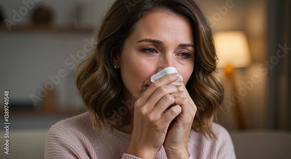 Obraz Woman blowing nose due to nose congestion issues