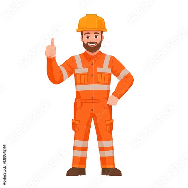 Fototapeta A cheerful construction worker in a safety uniform giving a thumbs up gesture. Ideal for representing positivity in the construction industry on white isolated background.
