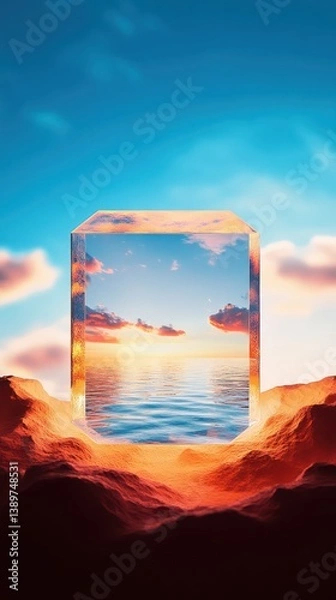 Fototapeta A stunning portal stands amidst rocky terrain, framing a tranquil sunset that reflects on peaceful water. The sky is a blend of vibrant hues, making the scenery dreamlike