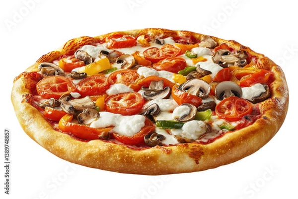 Fototapeta Delicious veggie pizza with mushrooms tomatoes peppers mozzarella cheese golden crust