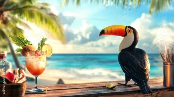 Obraz Tropical bar setting with a toucan and colorful cocktail by the beach at sunset