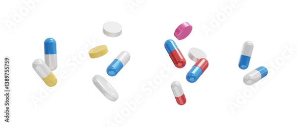 Fototapeta Set of different colorful capsules, pills isolated on transparent background. 3d render. PNG. Tablets, medicine concept. 3D rendering, ui, ux. Pills. Health